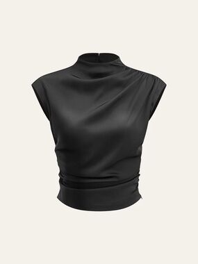 Commense Black Satin Mock-Neck Cap-Sleeve Top